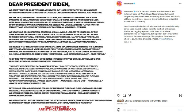 Bella Hadid dan Artis Hollywood Buat Surat Terbuka untuk Presiden AS, Serukan Gencatan Senjata Palestina-Israel
