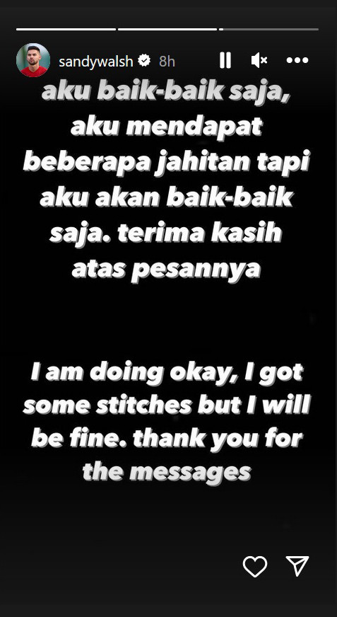 Update Kondisi Sandy Walsh, Dapat Beberapa Jahitan di Pergelangan Kaki
