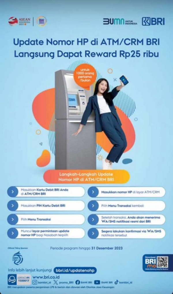 BRI Ajak Nasabah Perbarui Nomor Handphone di ATM/CRM, Dapatkan Tambahan Saldo