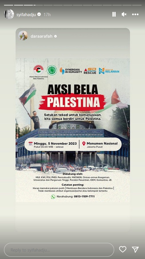 Syifa Hadju Posting Kiriman Bantuan Indonesia hingga Kegiatan Bela Palestina di Monas Besok