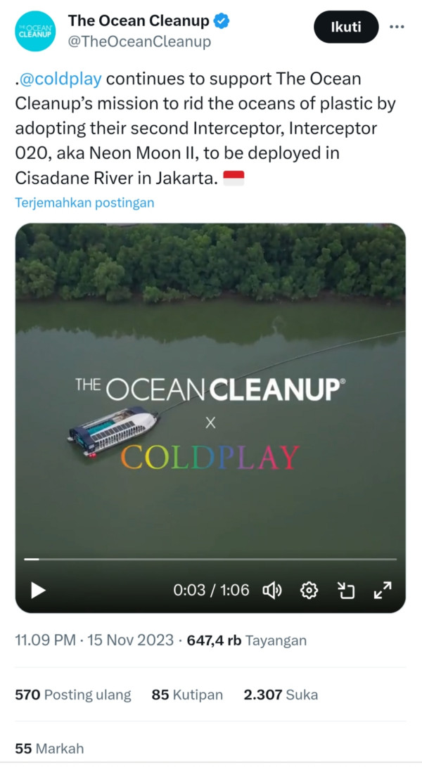 Coldplay Gandeng The Ocean Cleanup untuk Bersihkan Sungai Cisadane