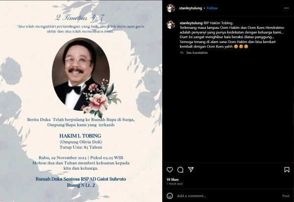 Musisi Hakim Tobing Meninggal Dunia di Usia 83 Tahun