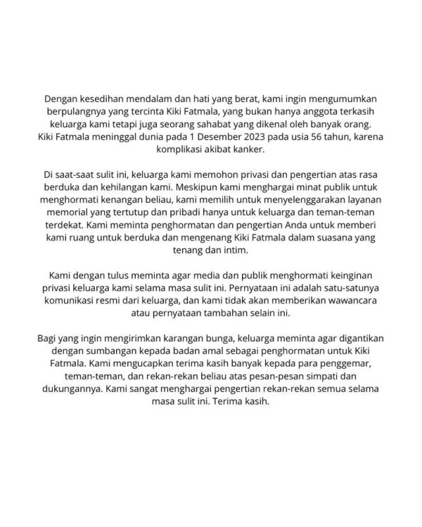 Pemakaman Kiki Fatmala Digelar Tertutup dan hanya Dihadiri Keluarga