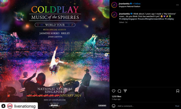 Jinan Laetitia Penyanyi Asal Bogor Jadi Pembuka Konser Coldplay di Singapura
