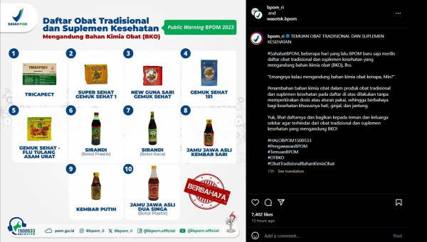 BPOM Rilis 50 Obat Tradisional dan Suplemen Kesehatan Mengandung BKO, Ini Daftarnya