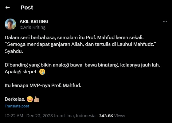 Arie Kriting Puji Sikap Mahfud MD di Debat Cawapres: Keren, Berkelas