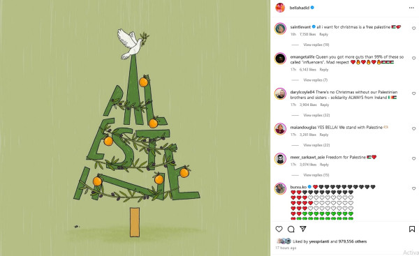 Bella Hadid dan Melissa Barrera Beri Pesan Menyentuh untuk Palestina di Hari Natal