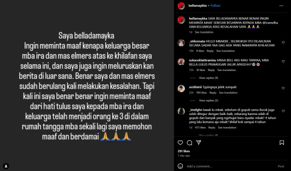 Akun Instagram Bella Damaika Minta Maaf usai Selingkuh dengan Pilot Elmer Suami Ira Nandha