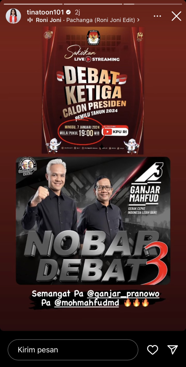 Tina Toon Beri Dukungan untuk Ganjar-Mahfud di Debat Capres Ketiga: Semangat Pak!