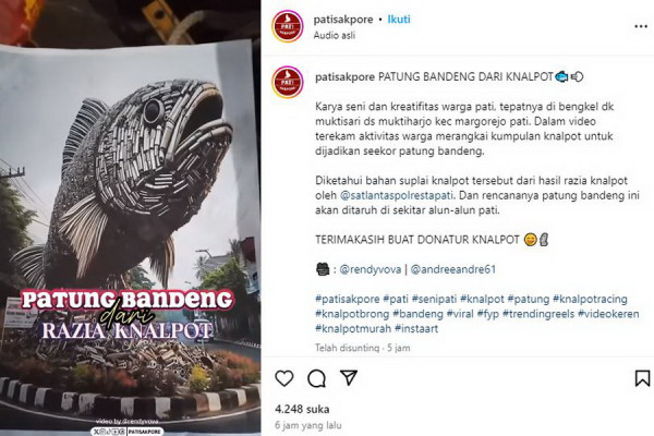 Kreatif! Hasil Razia Knalpot Brong Disulap Jadi Patung Ikan Bandeng Raksasa