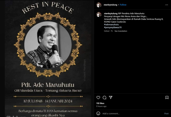 Penyanyi Ade Manuhutu Pelantun Nona Anna Meninggal Dunia