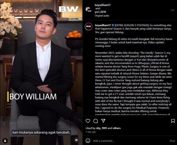 Boy William Operasi Plastik Hidung di Korea karena Susah Napas