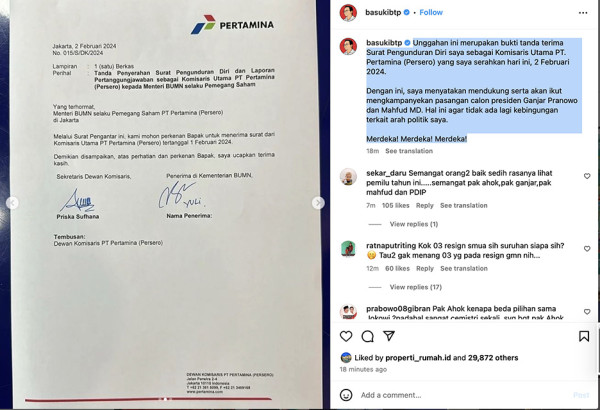 Pilih Ganjar, Ahok Mundur dari Jabatan Komisaris Utama Pertamina