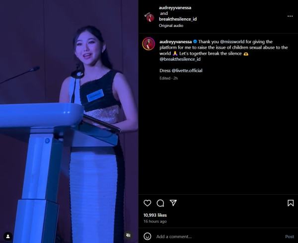 Kampanyekan Break The Silence di Miss World 2024, Audrey Vanessa Bikin Bangga