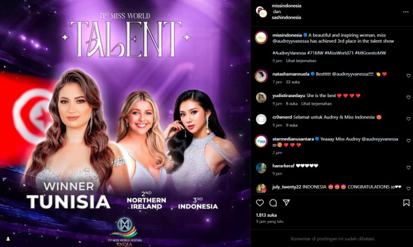 Audrey Vanessa Juara 3 Fast Track Talent Miss World 2024, Bangga!
