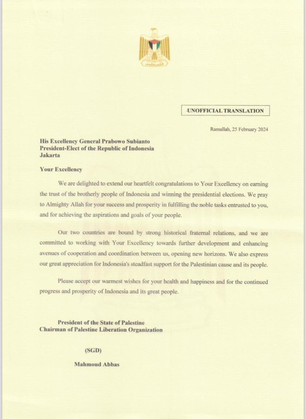 Prabowo Subianto Terima Ucapan Selamat dari Presiden Palestina Mahmoud Abbas