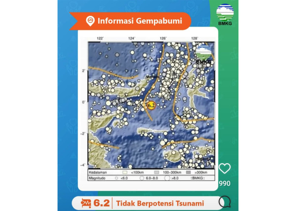 Gempa Magnitudo 6,2 Guncang Boltim Sulut