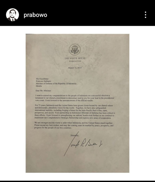 Prabowo Terima Ucapan Selamat dari Presiden AS Joe Biden atas Hasil Sementara Pilpres 2024