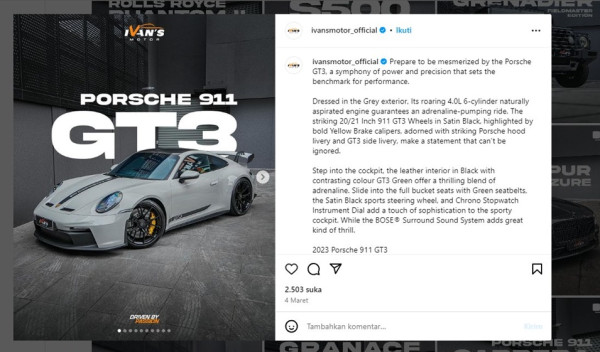 Harga dan Spesifikasi Porsche 911 GT3, Mobil Mewah Jerman yang Ditabrak Xpander
