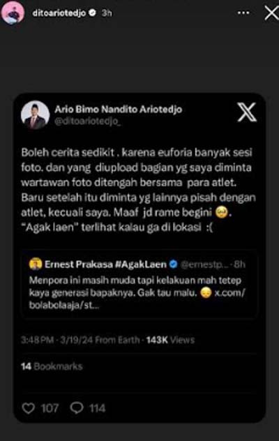 Disebut Tak Tahu Malu oleh Ernest Prakasa saat Foto Bareng Atlet, Ini Klarifikasi Menpora
