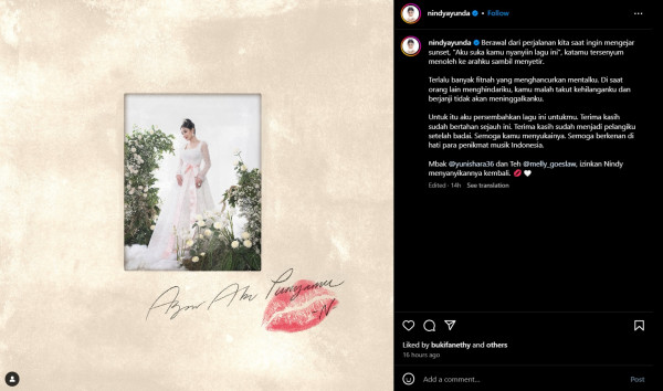 Bukan Menikah, Nindy Ayunda Pamer Pakai Baju Pengantin untuk Lagu Baru