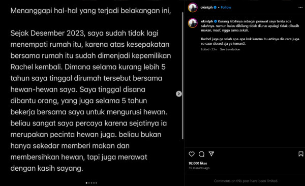 Okin Buka Suara usai Kucing Hutan Peliharaannya Mati, Bantah Tak Beri Makan
