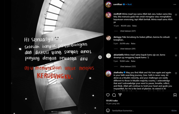 Putuskan Lepas Hijab, Zara Anak Ridwan Kamil Minta Jangan Salahkan Orang Tuanya
