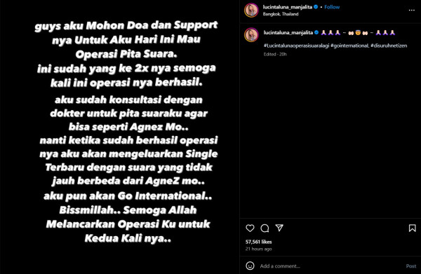 Lucinta Luna Jalani Operasi Pita Suara Lagi, Minta Doa Agar Mirip Agnez Mo