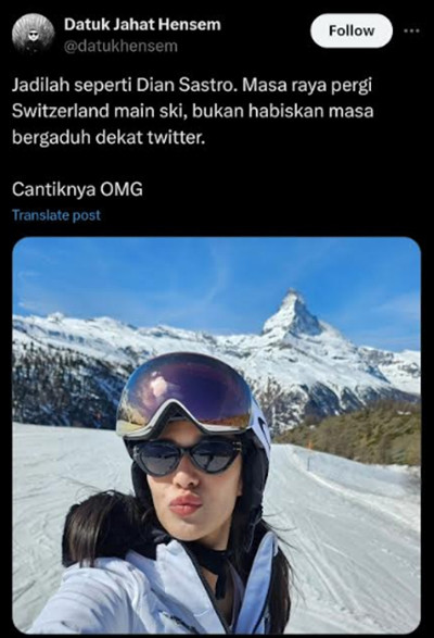 Dian Sastrowardoyo Digunjing Netizen Malaysia saat Liburan di Swiss, Singgung Masa Lalu Keluarga Mertua