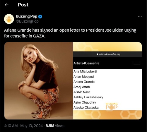 Ariana Grande Desak Gencatan Senjata di Gaza, Beri Dukungan untuk Palestina