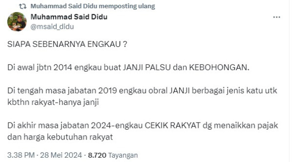 Di Awal Menjabat Bikin Janji Palsu, Said Didu: Siapa Sebenarnya Engkau?
