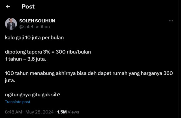 Hitungan Tapera Bikin Soleh Solihun Bingung: 100 Tahun Nabung Bisa Dapet Rumah