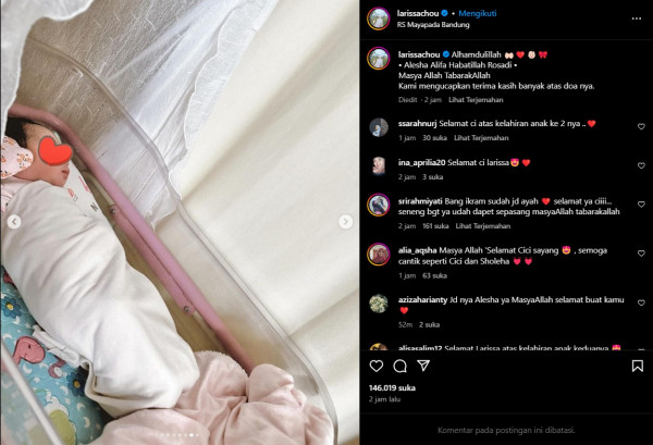 Larissa Chou Sambut Kelahiran Anak Kedua: Alhamdulillah