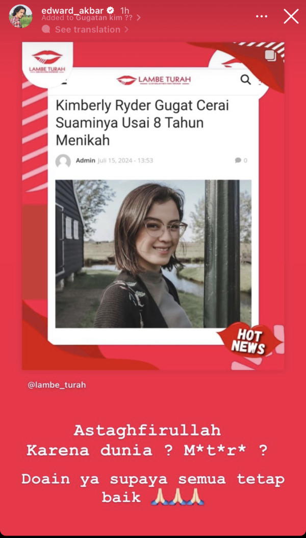 Edward Akbar Duga Kimberly Ryder Gugat Cerai karena Materi