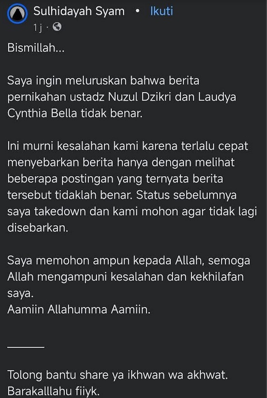 Pernikahan Laudya Cynthia Bella dan Ustaz Muhammad Nuzul Dzikri Tidak Benar, Pemilik Akun Minta Maaf