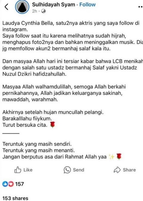 Pernikahan Laudya Cynthia Bella dan Ustaz Muhammad Nuzul Dzikri Tidak Benar, Pemilik Akun Minta Maaf