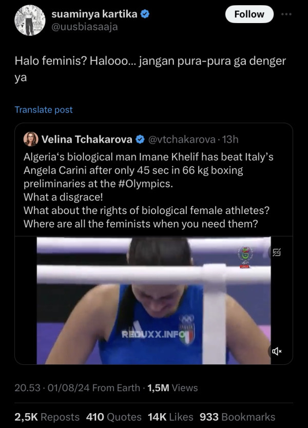 Uus Komentari Imane Khelif Petinju Transgender di Olimpiade Paris 2024: Halo Feminis