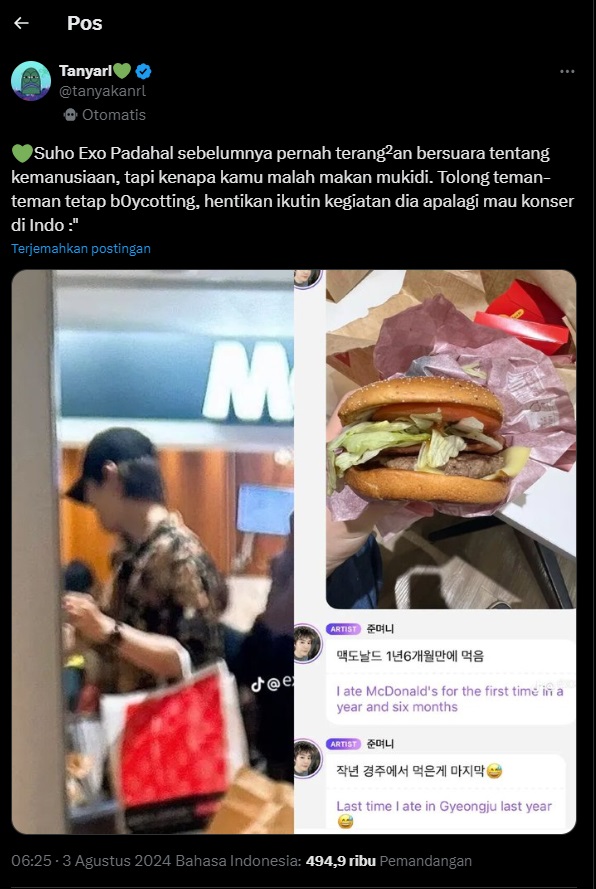Suho EXO Terancam Diboikot Imbas Pamer Makan Burger dari Restoran Pro-Israel