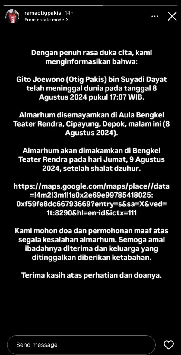 Artis Senior Otig Pakis Meninggal, Dunia Hiburan Berduka