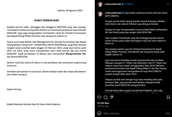 Maharani Kemala Mengumumkan Mengundurkan Diri dari MS Glow, Ini Surat Pernyataannya