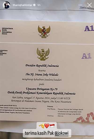 Thariq Halilintar Pamer Undangan Hadiri Upacara HUT ke-79 RI di IKN dari Presiden Jokowi