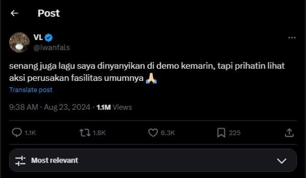 Iwan Fals Tanggapi Lagu Bongkar Diputar saat Demo Tolak RUU Pilkada di DPR