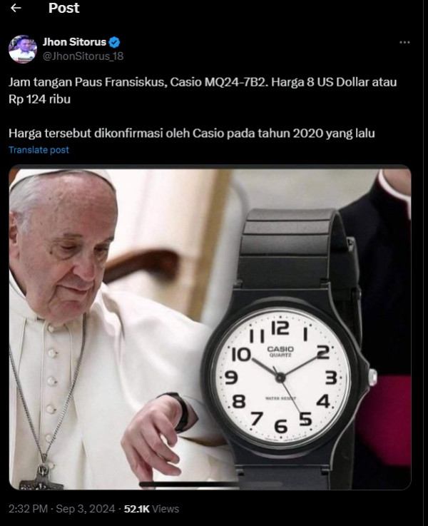 Paus Fransiskus Buktikan Kesederhanaan dengan Pakai Jam Tangan Seharga Rp124 Ribu