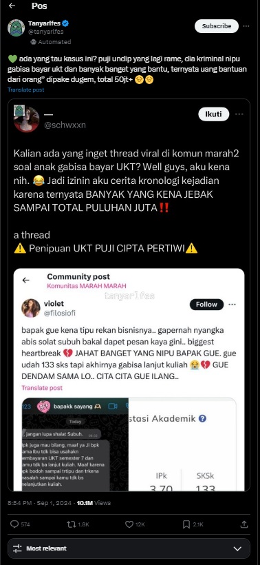 Puji Undip Diduga Lakukan Penipuan, Donasi Rp40 Juta untuk Bayar UKT Malah Dipakai Beli iPhone dan Dugem