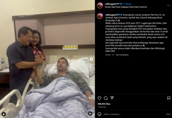 Raffi Ahmad Terbaring di Rumah Sakit Ditemani Dokter Terawan, Tangan Diinfus