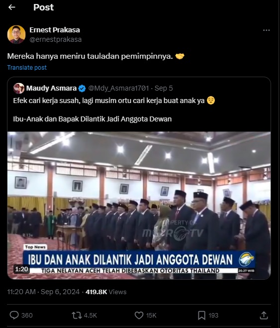 Ernest Prakasa Sindir Fenomena Anak dan Orang Tua di Kursi Dewan: Mereka Meniru Pemimpinnya