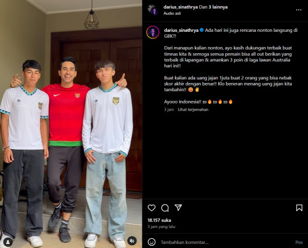 Darius Sinathrya Nonton Timnas Indonesia vs Australia di GBK, Buat Giveaway Tebak Skor