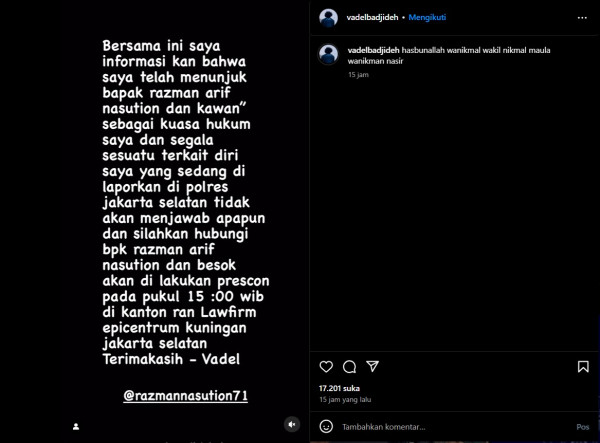 Vadel Badjideh Tunjuk Razman Arif Nasution Jadi Pengacara untuk Lawan Nikita Mirzani