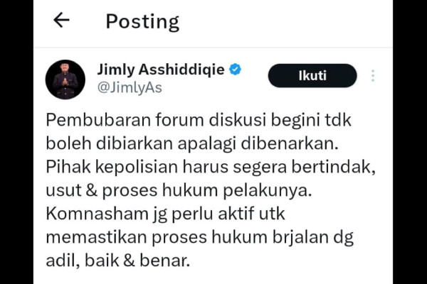 Jimly Kecam Pembubaran Diskusi Din Syamsuddin dan Refly Harun Dkk