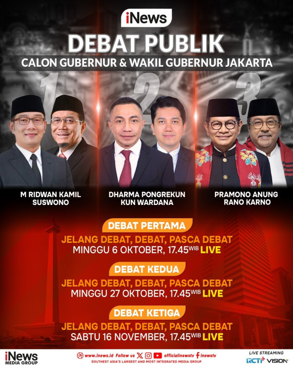 Saksikan Debat Panas Calon Pemimpin Jakarta Live di iNews 6 Oktober 2024, Pukul 17.45 WIB